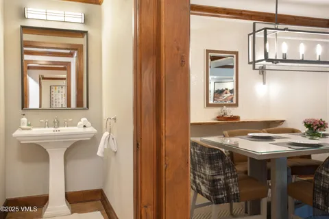 a view of a dining room with furniture