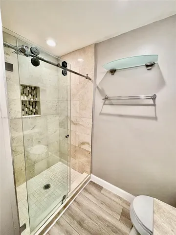 a bathroom with a shower and toilet