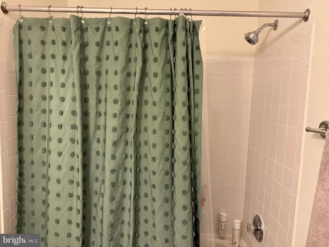 a bathroom with a shower curtain and a sink