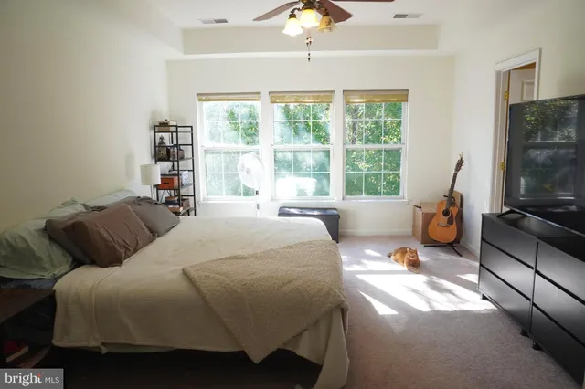 a bedroom with a bed and large windows