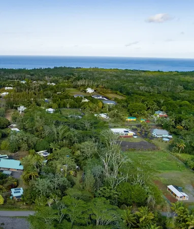 an aerial view of residential houses with outdoor space and trees