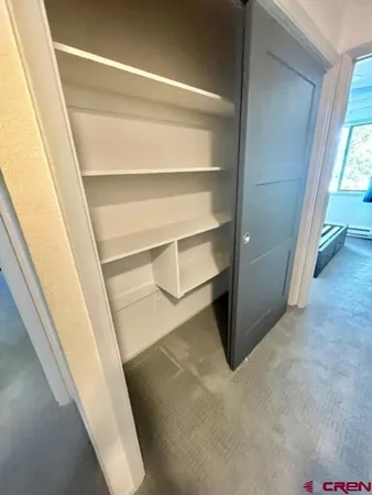 a view of walk in closet with empty racks