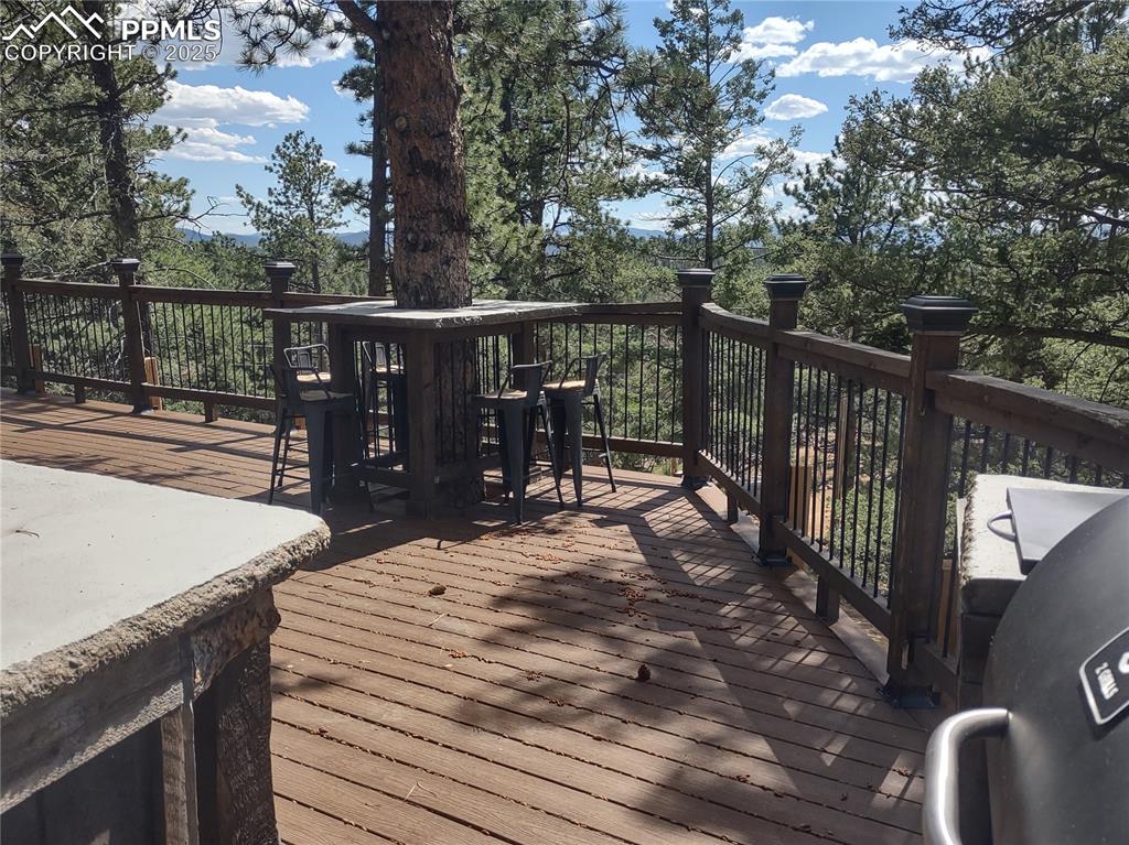 1176 Trail Creek Road Lake George, CO 80827 - Photo 18 of 48 a view of a balcony with floor to ceiling window and wooden fence