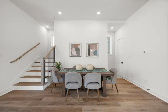 a view of a dining room with furniture