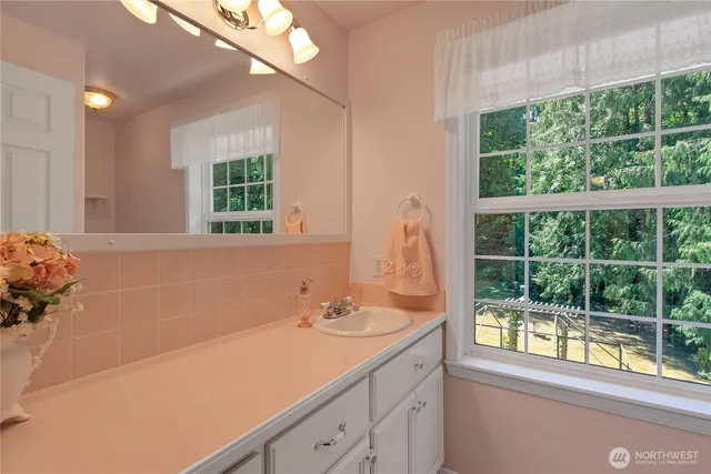 a bathroom with a sink a vanity and a large mirror