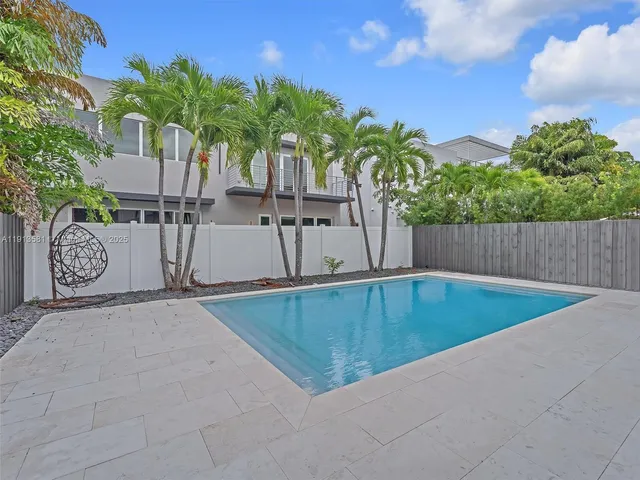 a view of a backyard with a swimming pool