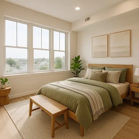 a bedroom with a large bed and windows