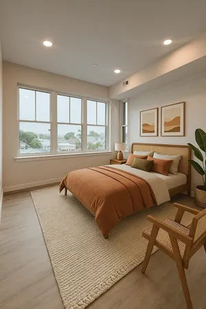 a bedroom with a bed and glass window
