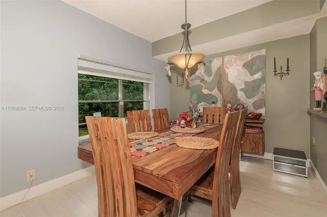 a view of a dining room with furniture window and outside view