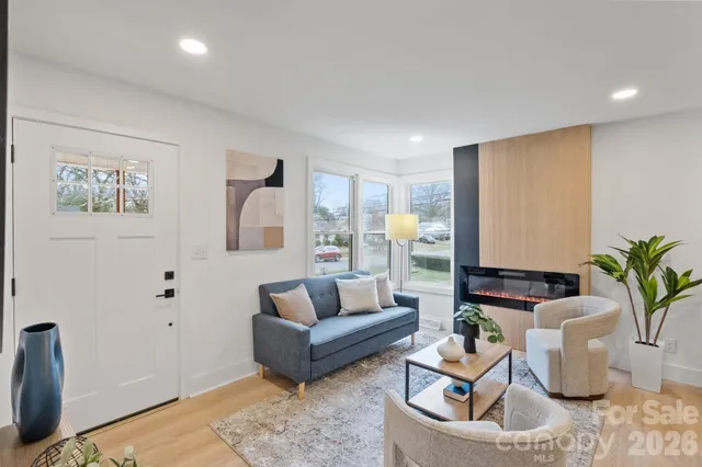 a living room with furniture and a potted plant