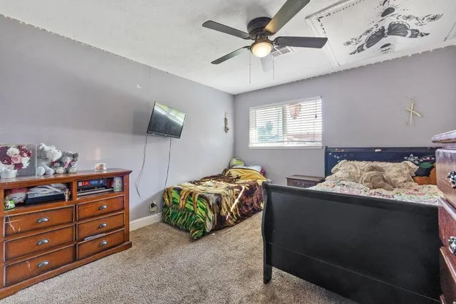 a bedroom with a bed and a chandelier fan
