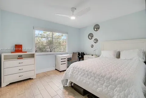 a bedroom with a bed and a desk