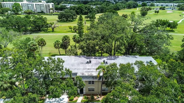 an aerial view of residential houses with outdoor space and trees