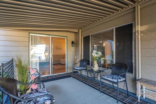 a building outdoor space with patio furniture