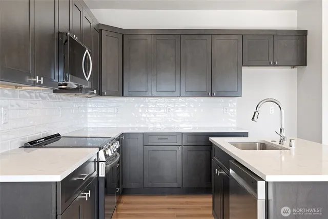 a kitchen with a sink cabinets and stainless steel appliances