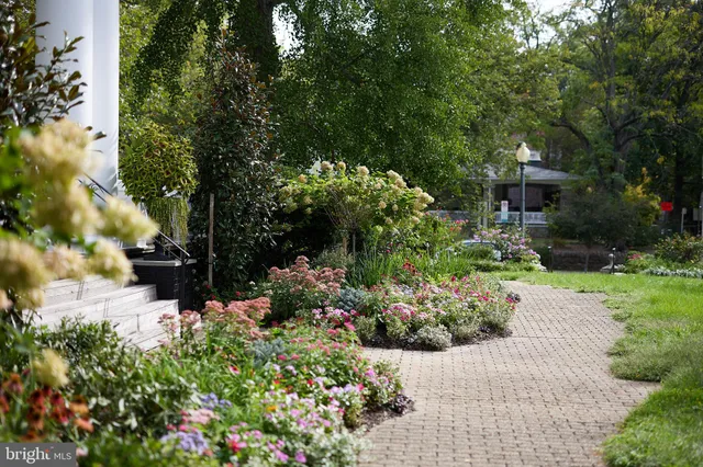a view of a garden with flowers and trees