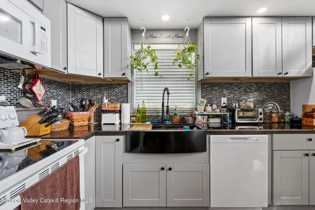 a kitchen with stainless steel appliances a sink a counter top space cabinets and a potted plant