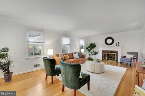 a living room with furniture a fireplace and potted plants