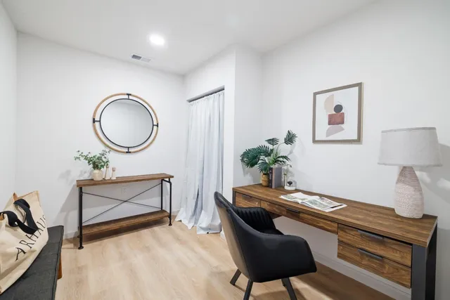 a living room with furniture and a potted plant
