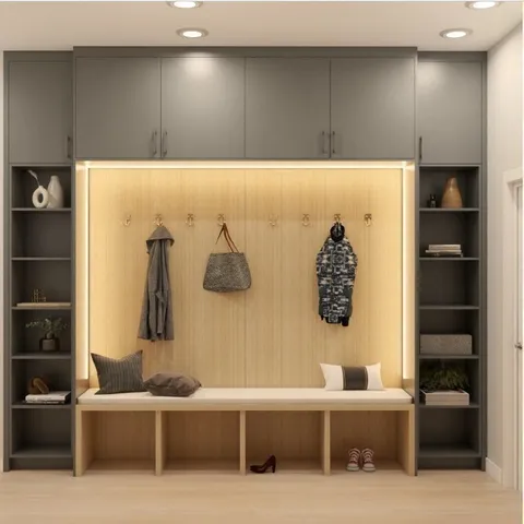 a view of an empty room with a shower and a door