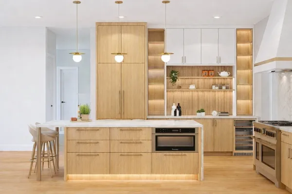 a spacious bedroom with a bed and a couch