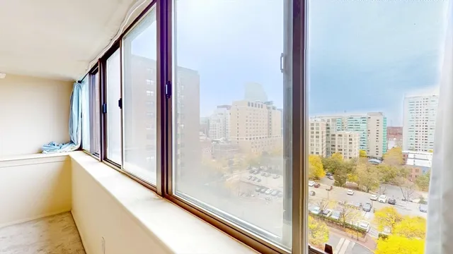a view of a large mirror with a window