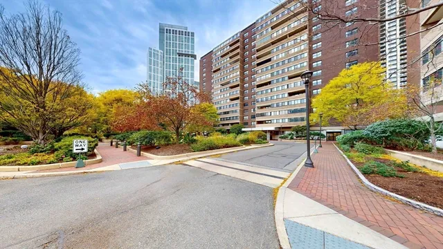 a view of a building with a street