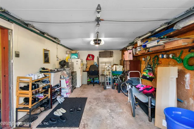 a view of a garage with storage