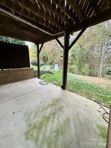 a view of a yard with plants and large trees