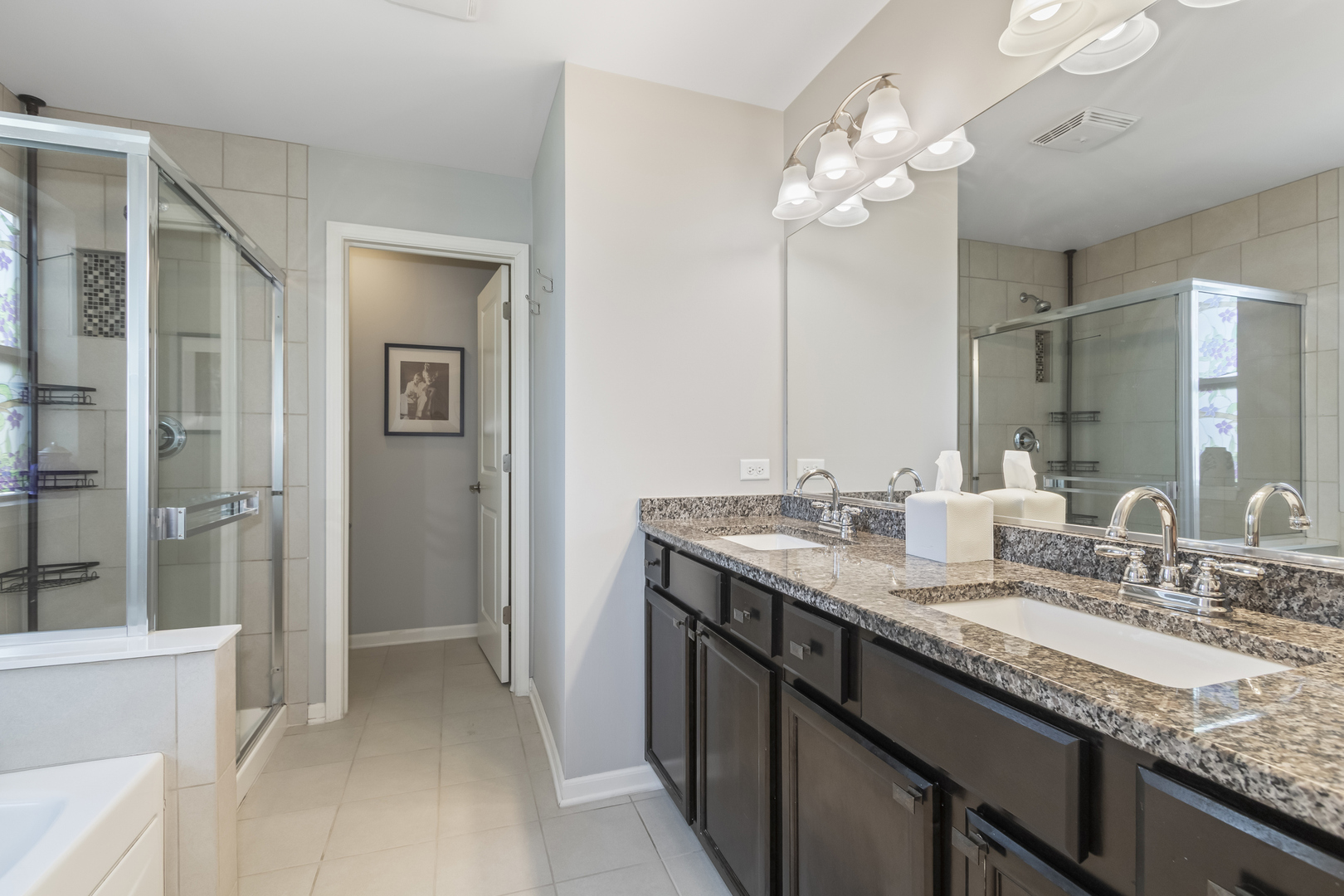 28 East Moseley Road Palatine, IL 60074 - Photo 11 of 25 a bathroom with a granite countertop sink a large mirror and a shower