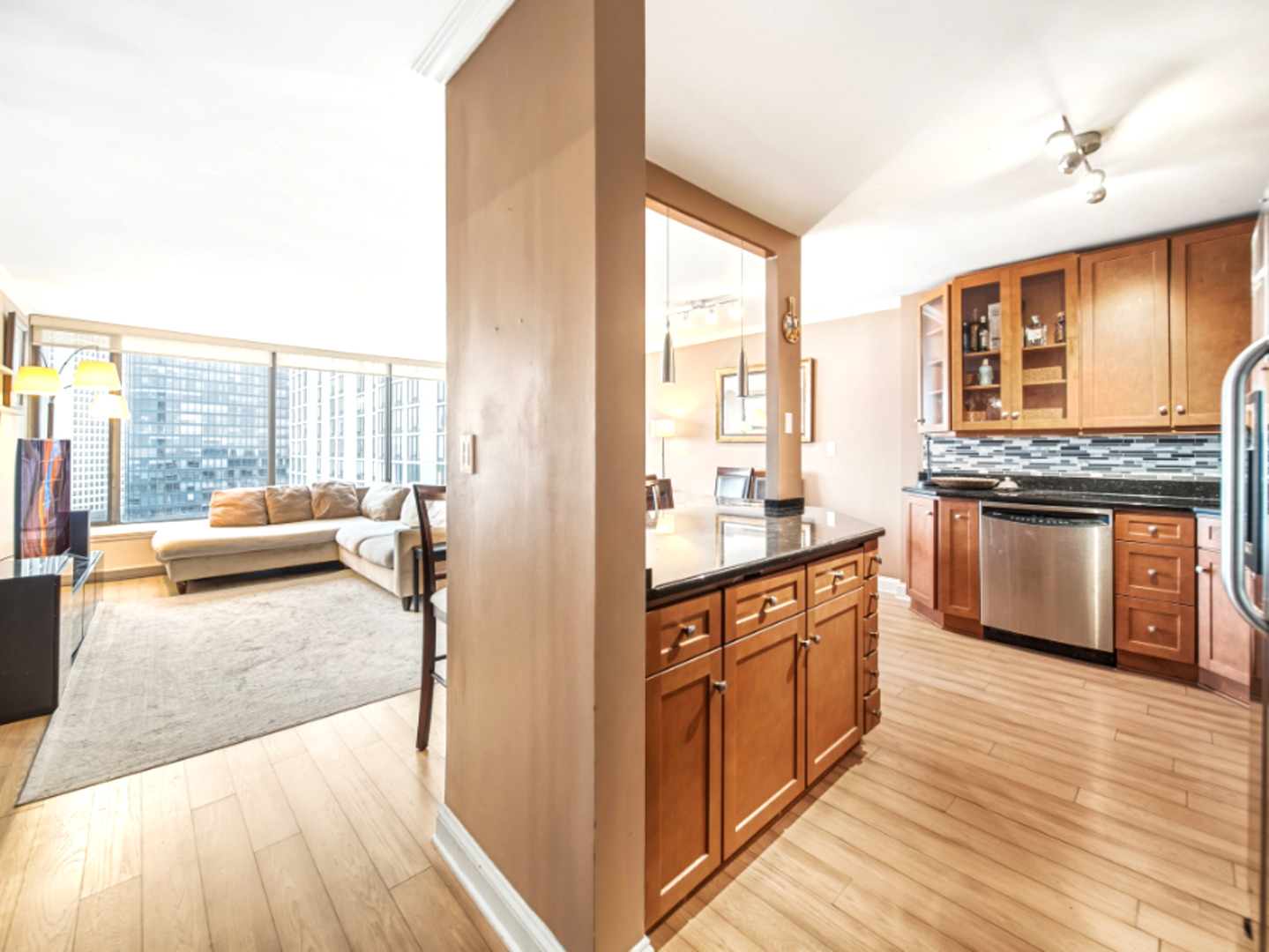 5455 North Sheridan Road, Unit 1404 Chicago, IL 60640 - Photo 5 of 24 a kitchen with stainless steel appliances granite countertop a stove a sink dishwasher and a refrigerator with wooden floor