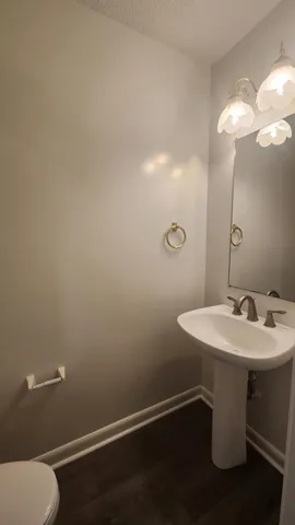 a bathroom with a sink mirror and toilet