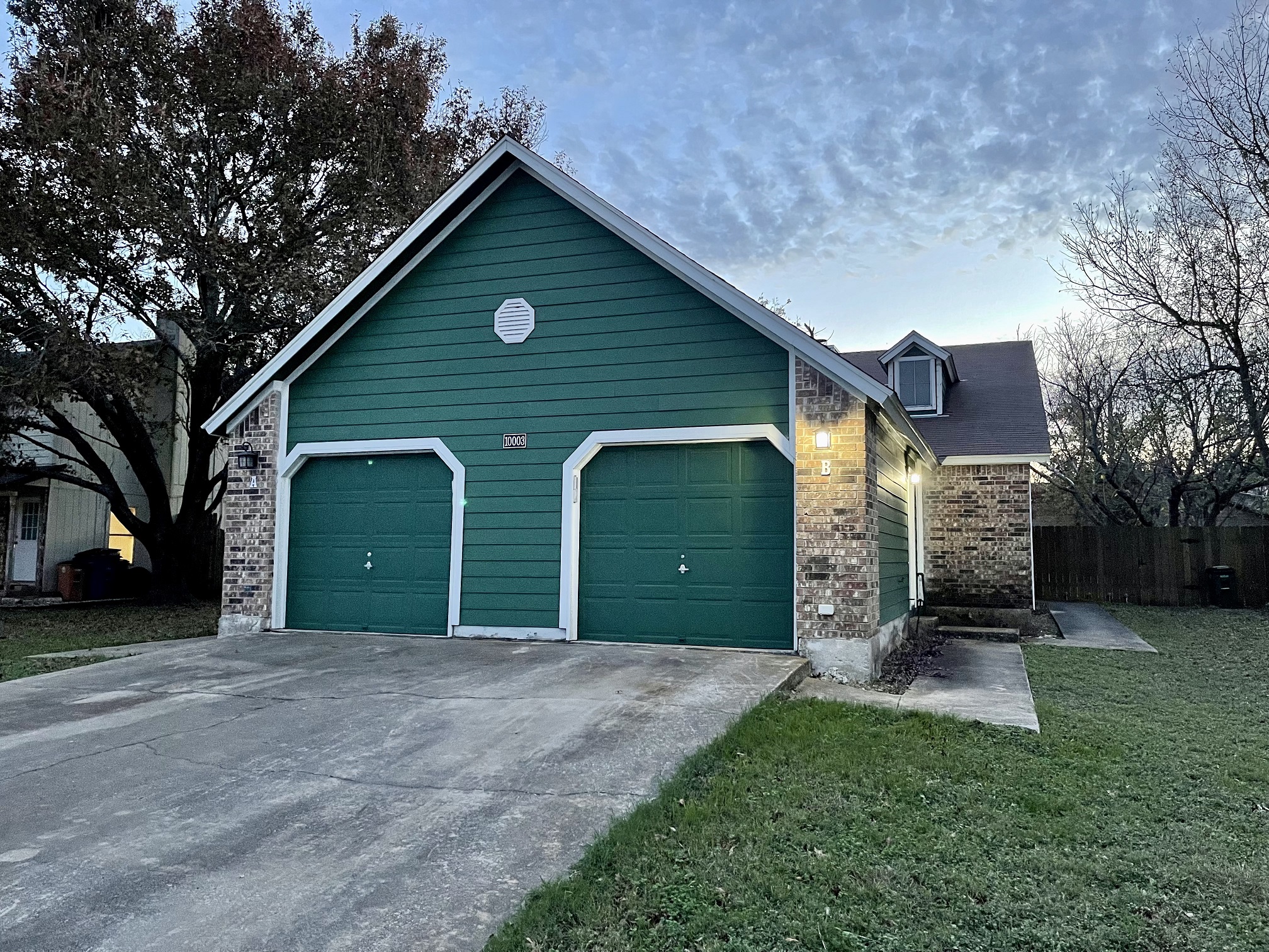 a view of a backyard with potted plants and a large tree
