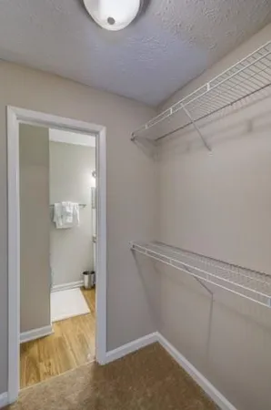 a view of a room with racks on the wall