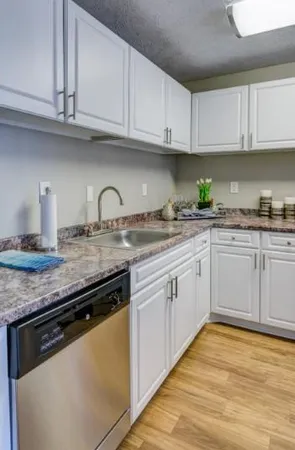 a kitchen with granite countertop stainless steel appliances white cabinets sink and dishwasher