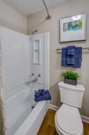 a white toilet sitting next to a bath tub