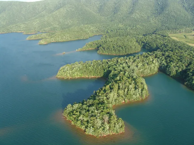 a blue swimming pool with a lake view