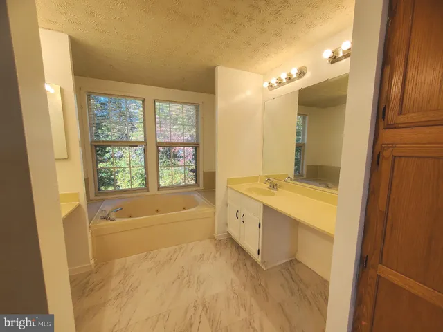 a bathroom with a tub sink and mirror
