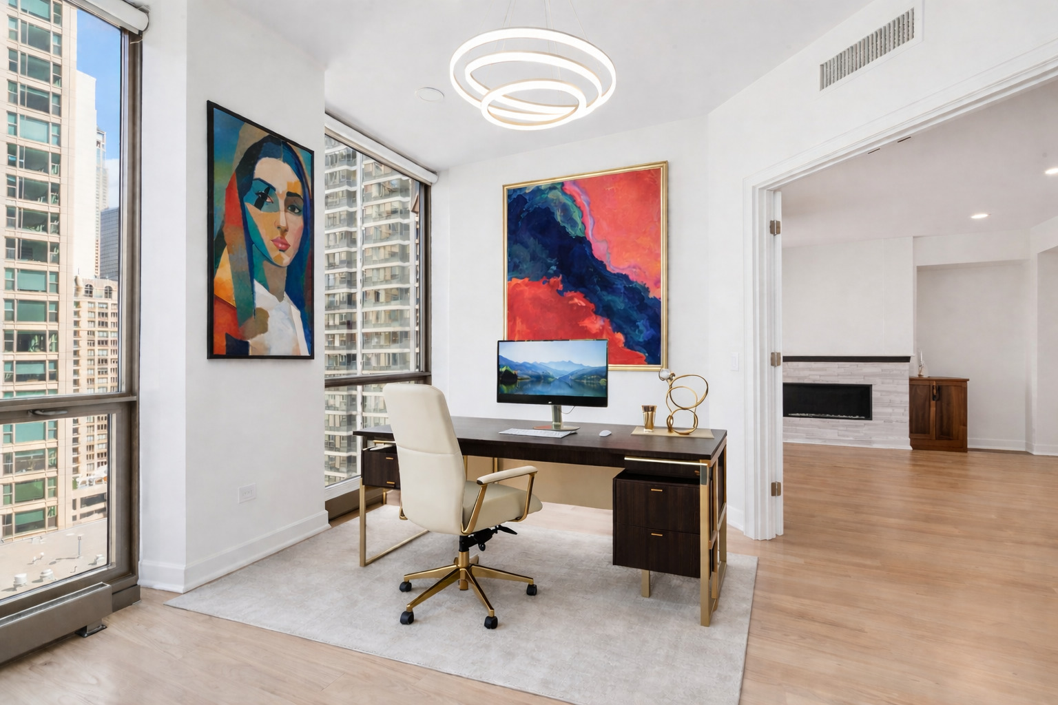 21 East Huron Street, Unit 1806 Chicago, IL 60611 - Photo 15 of 43 a view of a workspace with furniture and a window