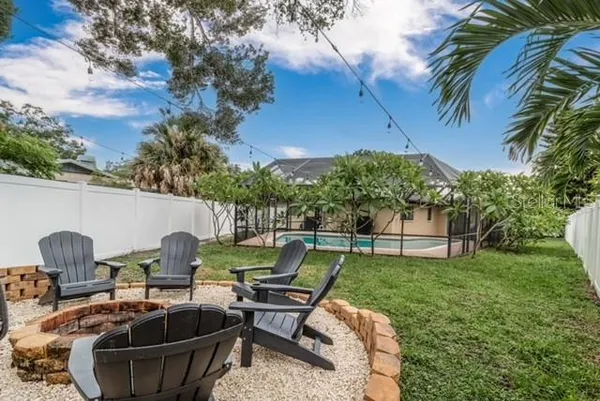 a view of backyard with outdoor seating ad green space