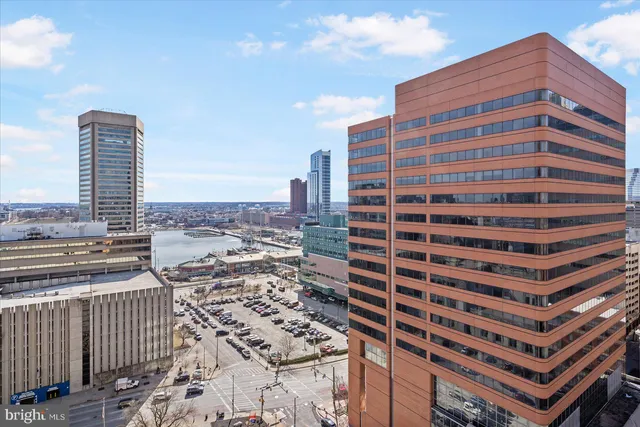a city view with tall buildings