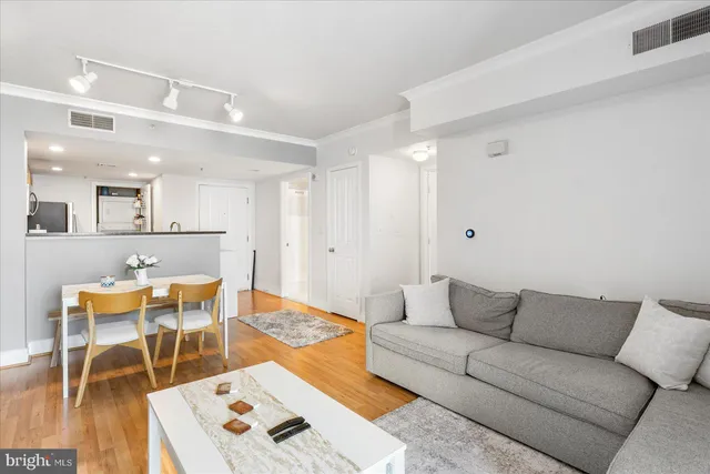 a living room with a couch and a dining table with wooden floor