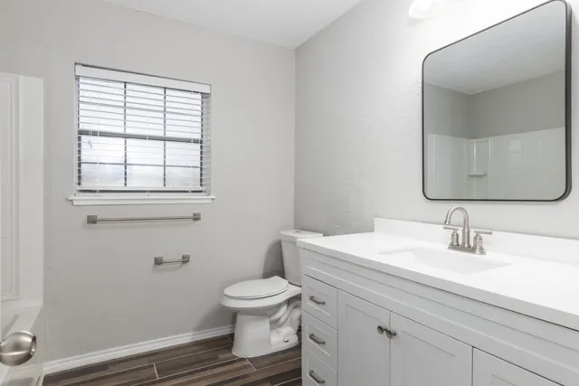 a bathroom with a toilet sink and mirror