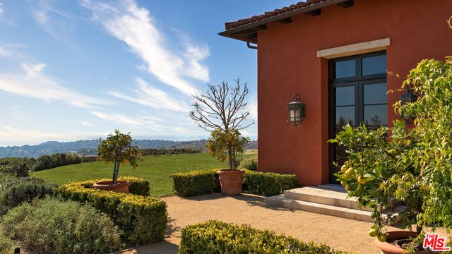 a view of a house with a yard and potted plants