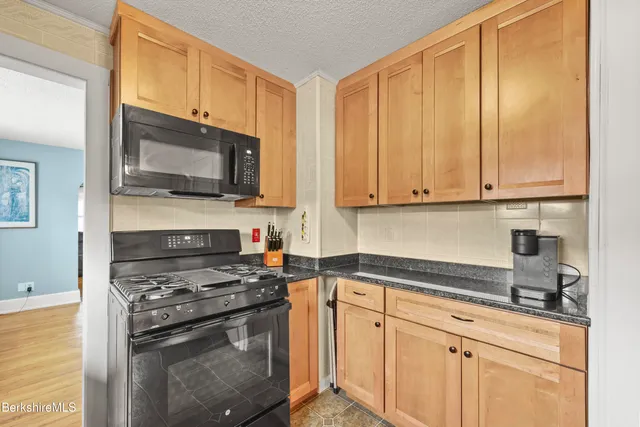 a kitchen with stainless steel appliances granite countertop a stove microwave and sink