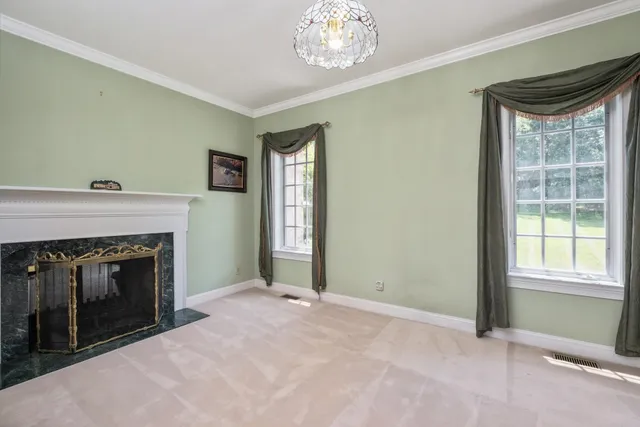 an empty room with a bathroom