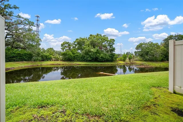 a view of a lake with a yard