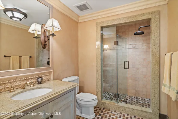 a bathroom with a sink a toilet and shower