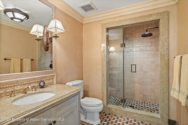 a bathroom with a sink a toilet and shower