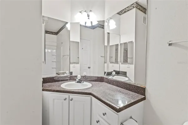 a bathroom with a sink double vanity and a mirror